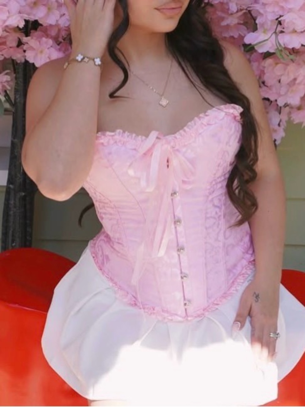 Pink Satin Brocade Lace-Up Corset Top